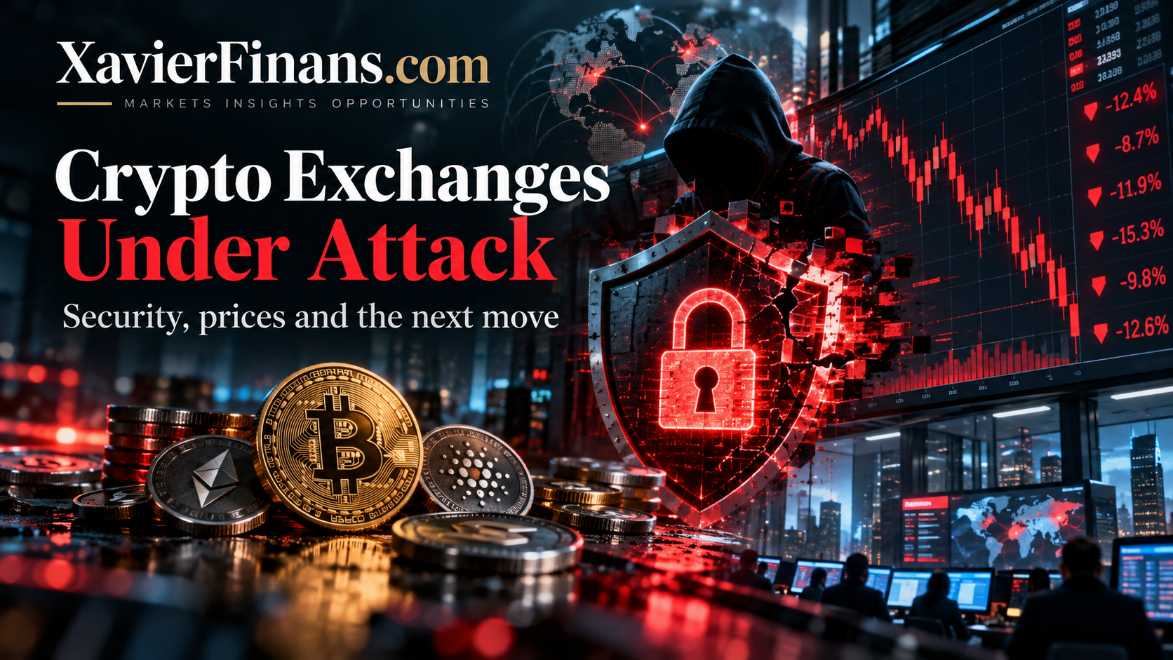Crypto Exchanges Under Attack: hooded hacker breaking a digital padlock shield above stacks of Bitcoin and Ethereum coins, with red market charts falling in the background
