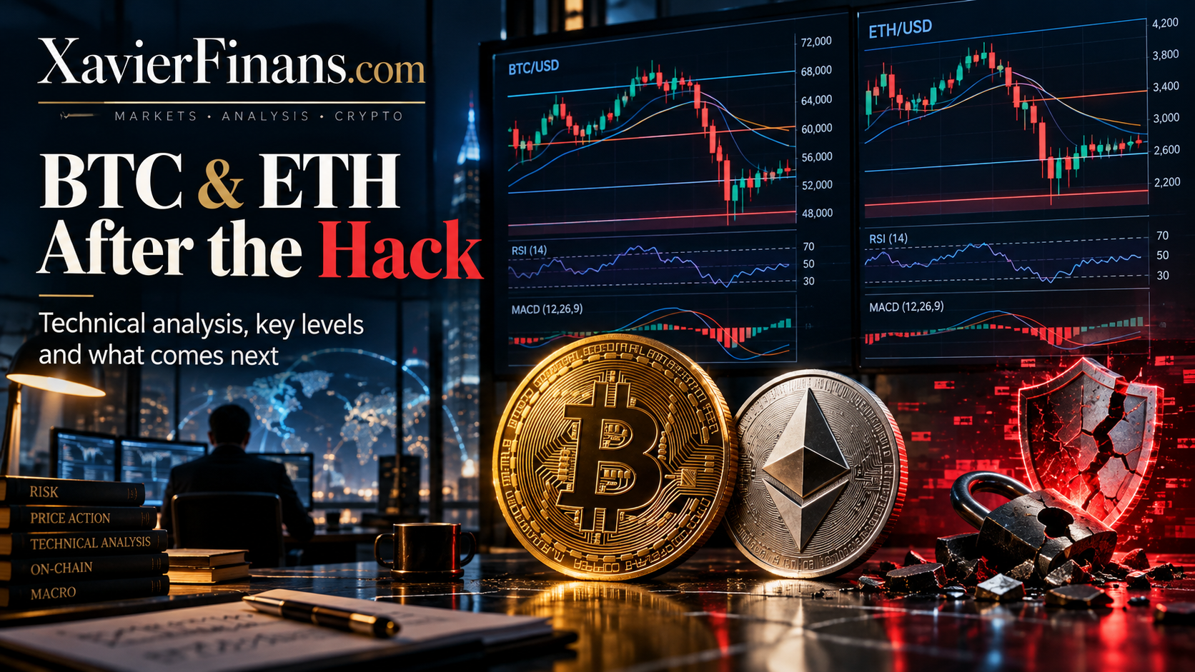 Bitcoin and Ethereum coins on a trading desk with BTC/USD and ETH/USD charts showing RSI and MACD panels