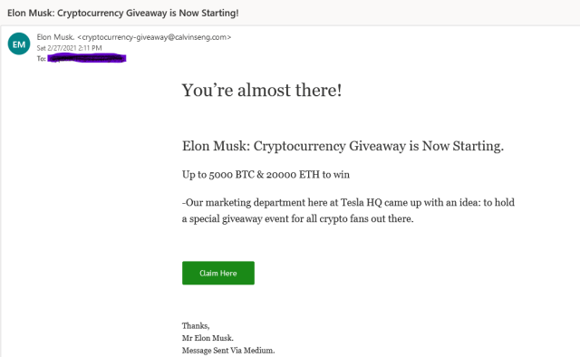 Elon Musk scam email, pretending to offer BTC and ETH to scam people of their personal details and crypto keys